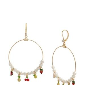Betsey Johnson Forbidden Fruit Hoop Earrings With Fruit Charms & Faux Pearls NWT